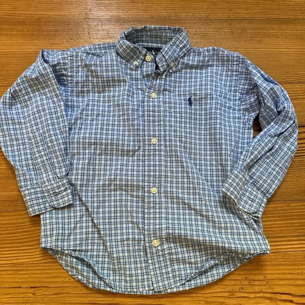 Ralph Lauren blue white checkered long sleeve button‎ up shirt SIZE 3T